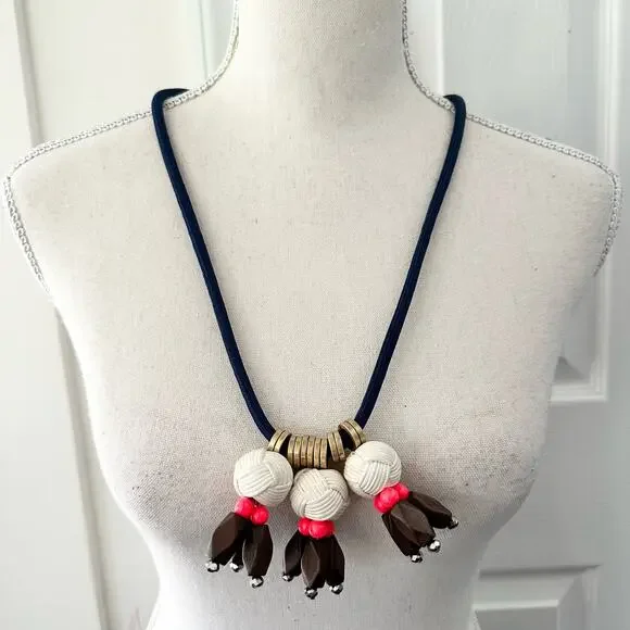 JCrew Nautical Long Cording Rope Ball Wooden Bead Statement Beach Boho Necklace - Picture 6 of 6